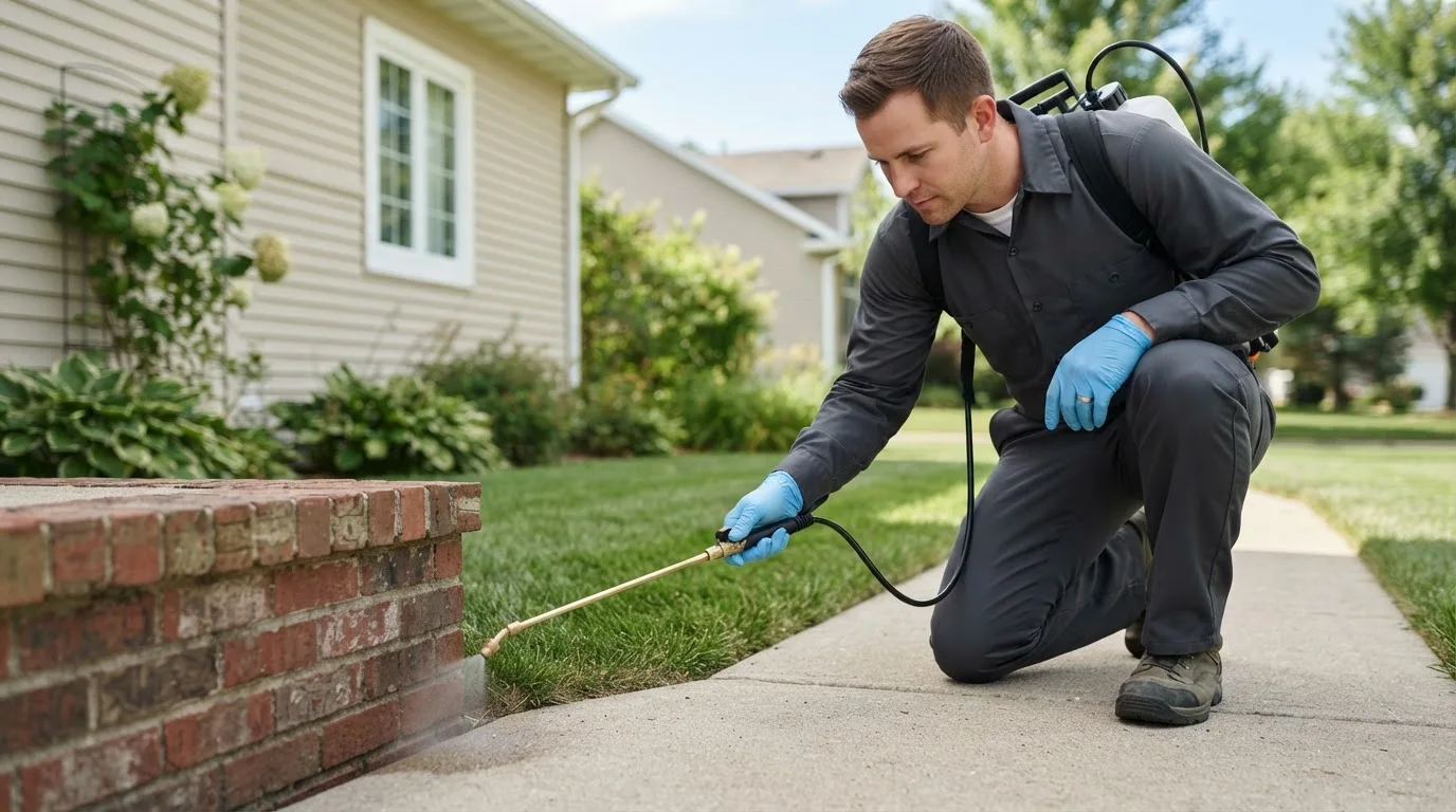 Pest control technician treating a home near Plymouth, CA